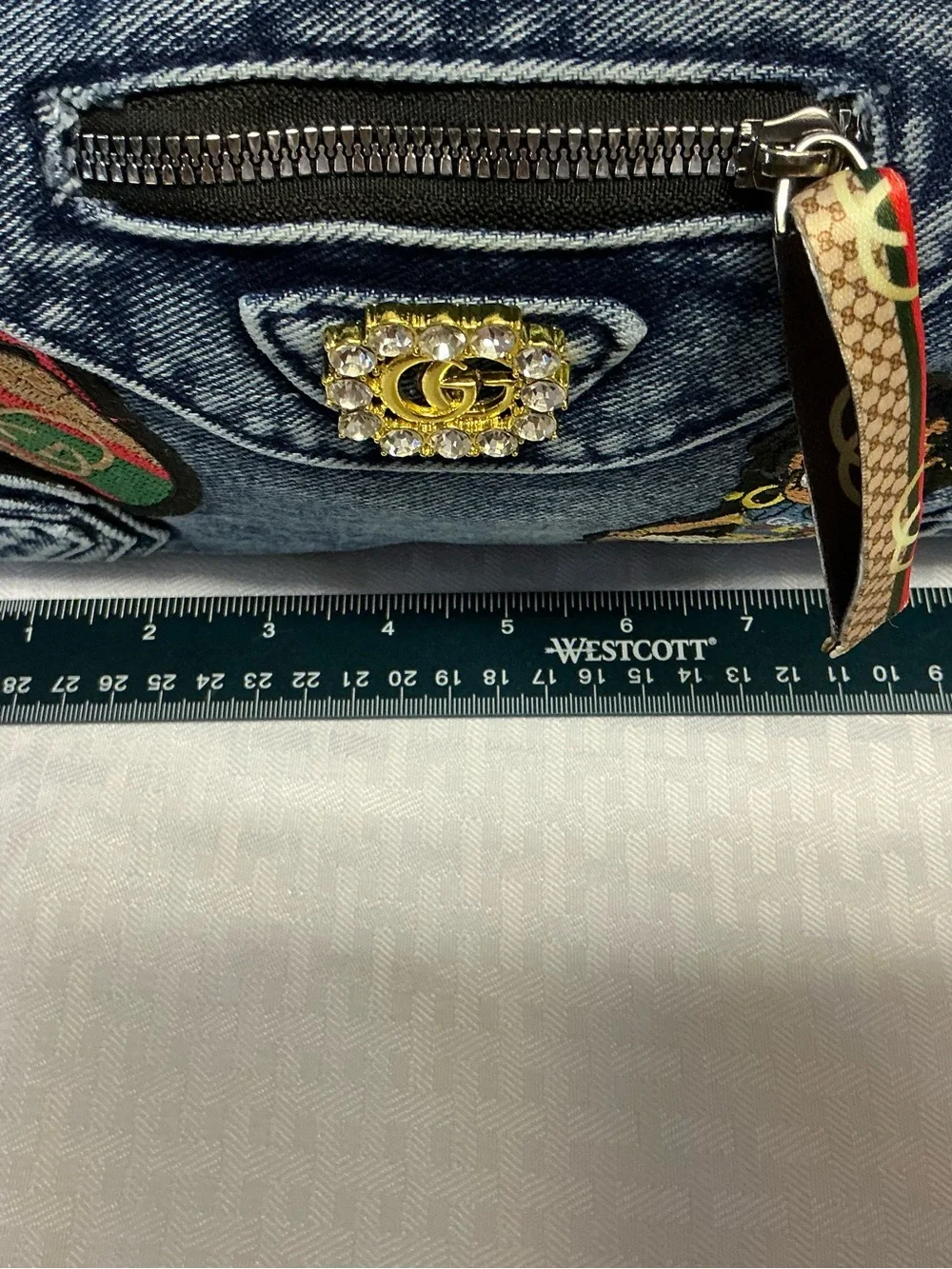 Denim Tote Bag with Embroidered Patches - Blue